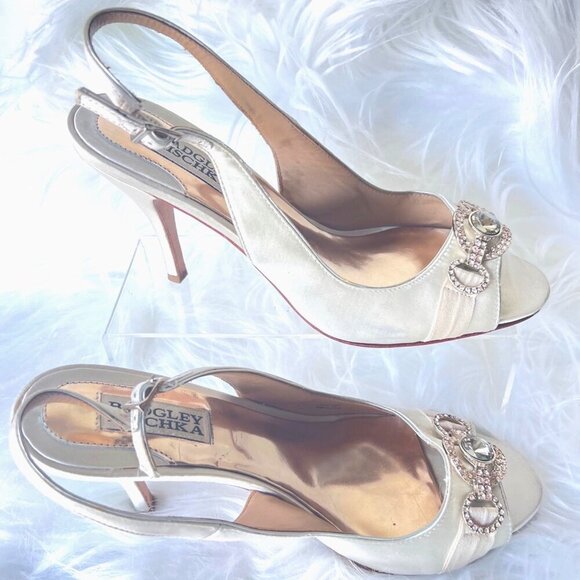 Badgley Mischka Xulia Ivory Satin Low Heels Peep Toe Slingback Wedding heels 7.5 - Picture 3 of 9